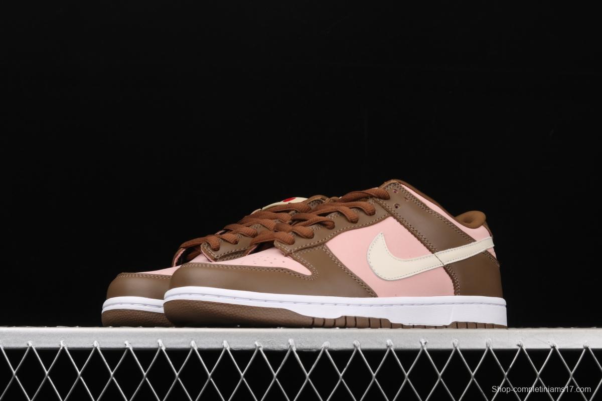Stussy x SB DUNK Low Pro Cherry cherry pink brown skateboard shoes with low uppers 304292-671