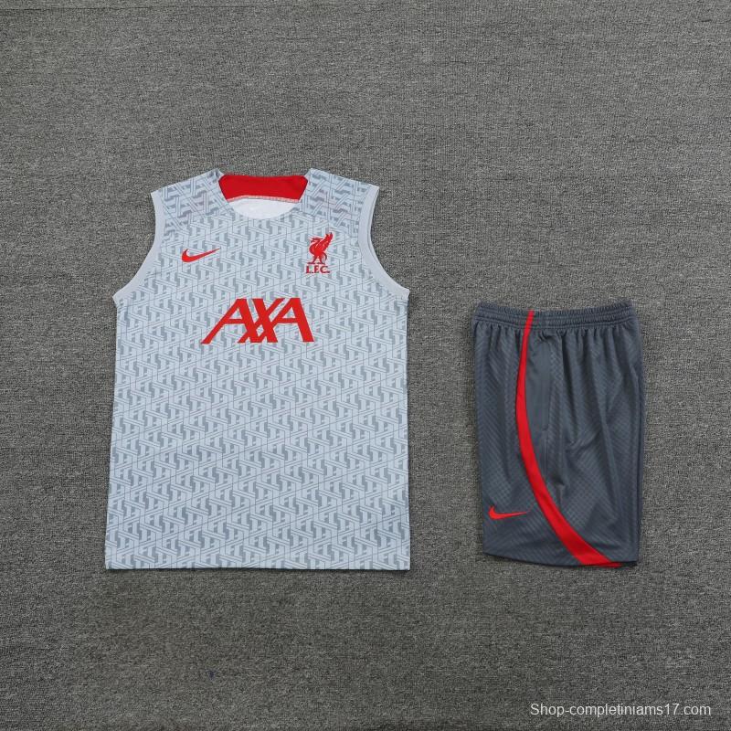 23-24 Liverpool White/Grey Grid Vest Jersey+Shorts