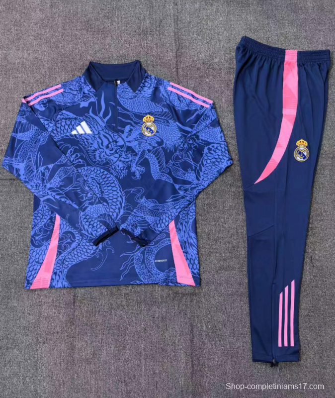 24/25 Kids Real Madrid Navy Dragon Half Zipper Jacket+Long Pants