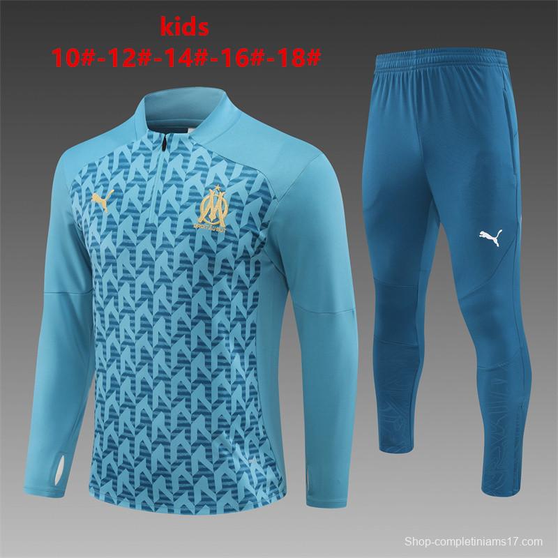 24/25 Kids Olympique Marseille Blue Grid Half Zipper Jacket+Long Pants