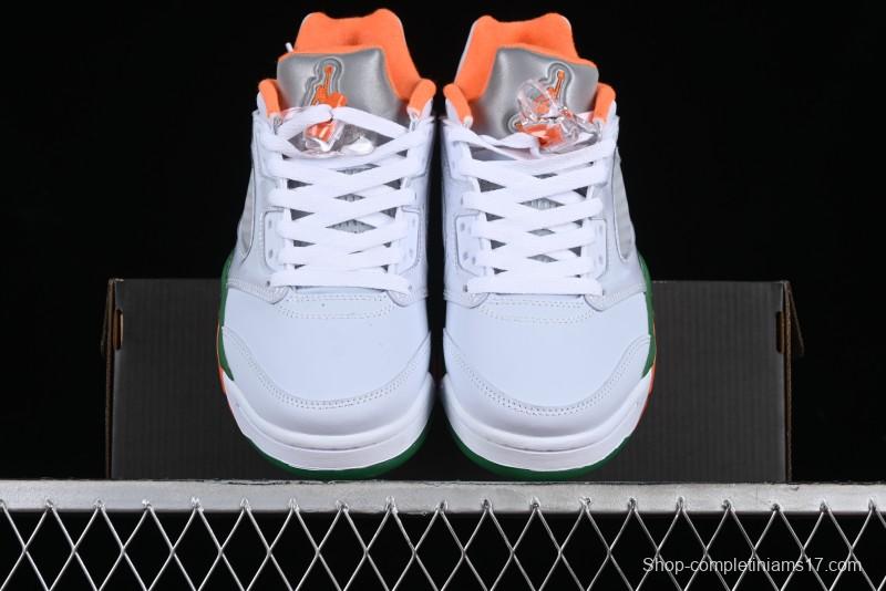 Nike Air Jordan 5 Retro Low AJ5 Sneakers in Football Grey with Vivid Orange and Pine Green Accents - FQ1293-018