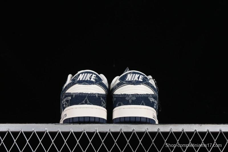 Nike SB Dunk Low LV Collaboration - Blue Denim Print Anniversary High-End Custom Low-Top Casual Skate Shoes - SJ2068-257