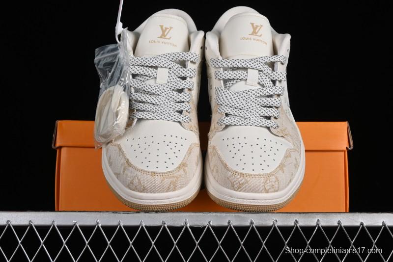 Nike Air Jordan 1 Low LV Collaboration Denim Khaki Customized Casual Sneakers - SJ9950-002