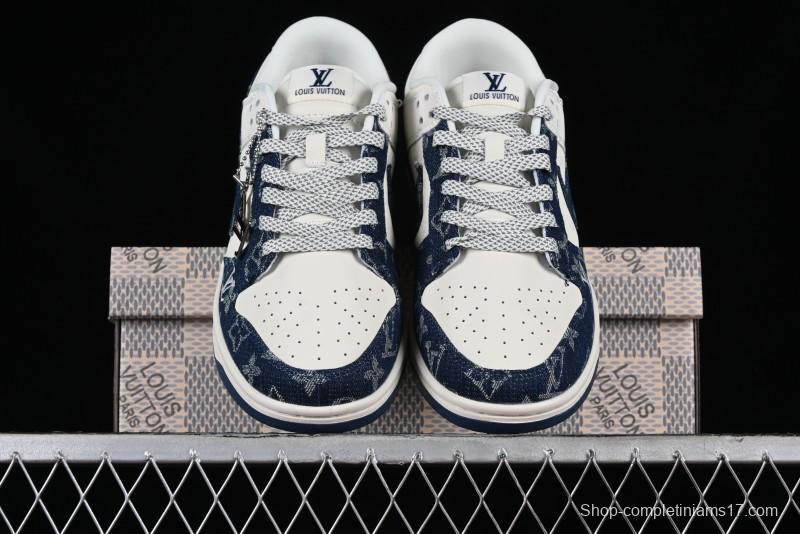 Nike SB Dunk Low LV Collaboration - Dark Blue Denim Anniversary High-End Custom Low-Top Casual Skate Shoes - XP3802-335