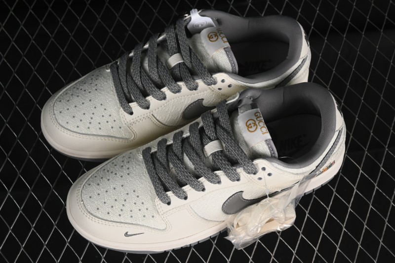 Nike SB Dunk Low Gucci Collaboration Anniversary High-End Custom Sneakers in Off-White & Dark Gray Swoosh - DQ1098-383