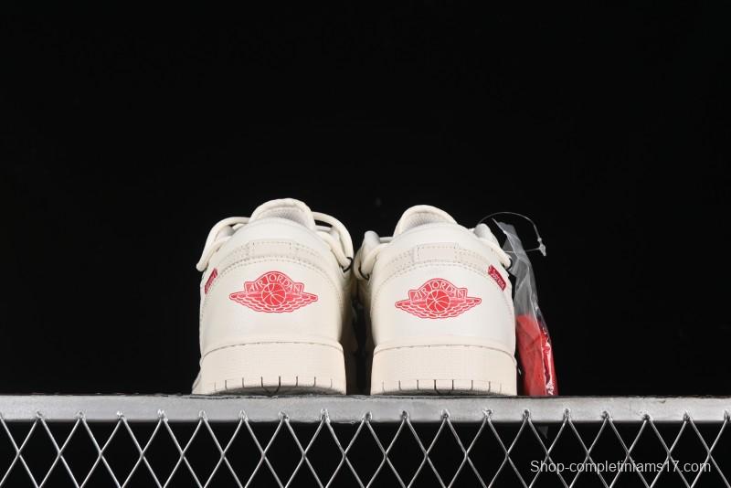 Nike Air Jordan 1 Low Supreme Collaboration - Retro Basketball Shoes in Off-White Red with Small Logo - SJ9950-017