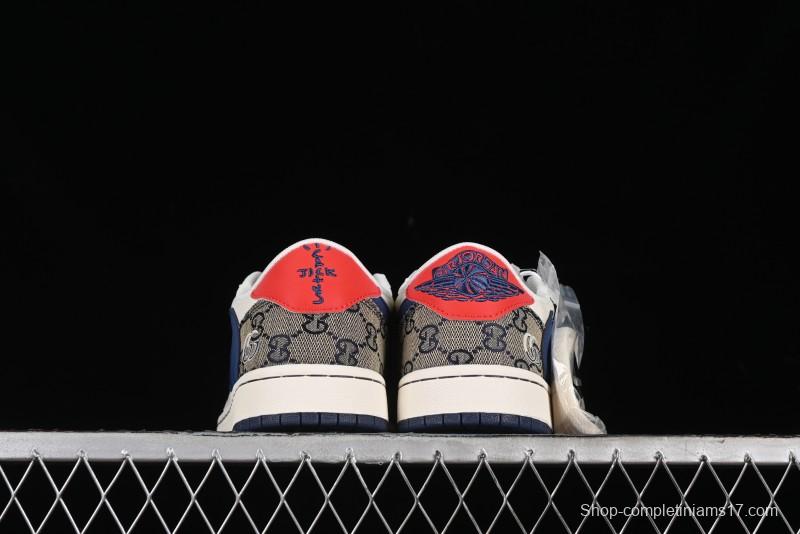 Nike Travis Scott x Fragment Design x Air Jordan 1 Low OG SP AJ1 Gucci Collaboration - Silver Logo Blue Swoosh Low Top Casual Sneakers - XY2688-118