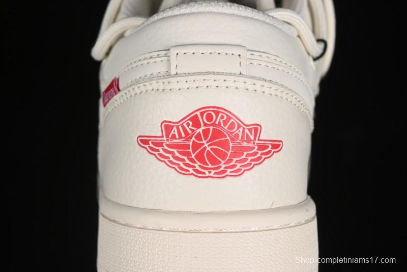 Nike Air Jordan 1 Low Supreme Collaboration - Retro Basketball Shoes in Off-White Red with Small Logo - SJ9950-017