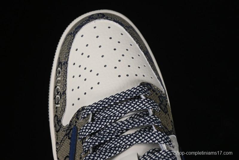 Nike Travis Scott x Fragment Design x Air Jordan 1 Low OG SP AJ1 Gucci Collaboration - Silver Logo Blue Swoosh Low Top Casual Sneakers - XY2688-118