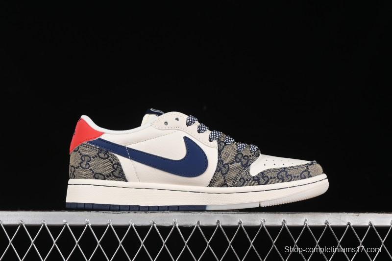 Nike Travis Scott x Fragment Design x Air Jordan 1 Low OG SP AJ1 Gucci Collaboration - Silver Logo Blue Swoosh Low Top Casual Sneakers - XY2688-118