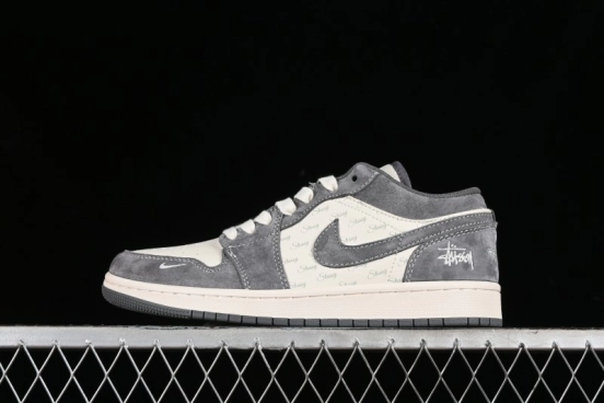 Nike Air Jordan 1 Low AJ1 Stussy Collaboration - Grey Pigskin Custom Low-Top Basketball Shoes - SJ9950-010
