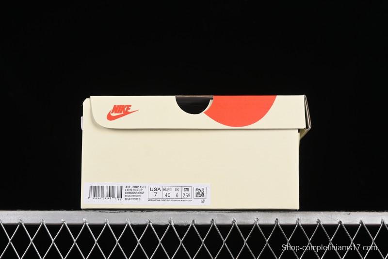 Nike Travis Scott x Fragment Design x Air Jordan 1 Low OG SP AJ1 Retro Sneakers in Sail Military Green - DM6688-602