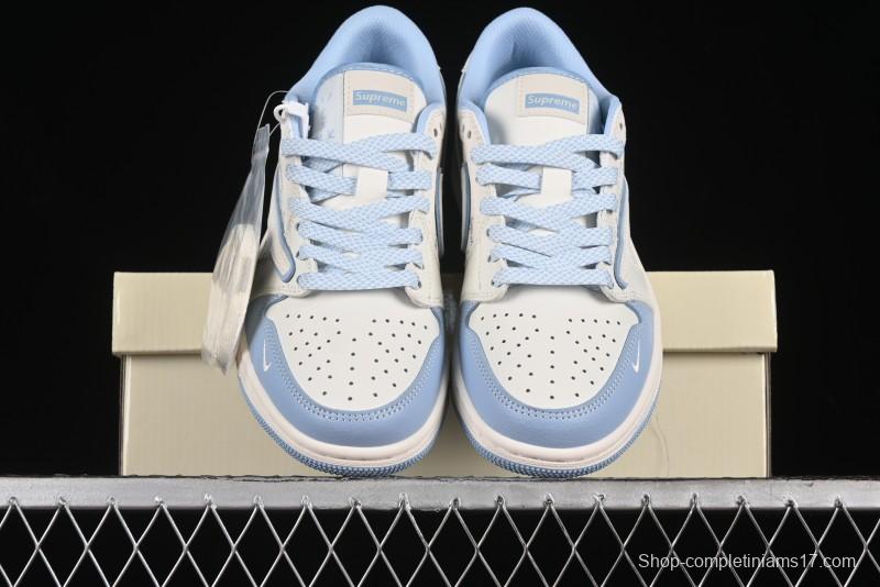 Nike Travis Scott x Fragment Design x Air Jordan 1 Low OG SP AJ1 Supreme Collaboration - White Blue Lettering Low Top Casual Sneakers - XY2688-116