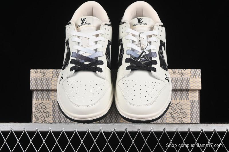 Nike SB Dunk Low LV Collaboration - Beige Black Printed Denim Anniversary High-End Custom Low-Top Casual Skate Shoes - XB3802-357