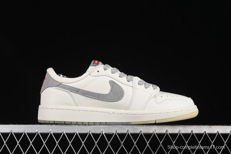 Nike Travis Scott x Fragment Design x Air Jordan 1 Low OG SP AJ1 Supreme Collaboration - Light Grey Denim Two-Tone Low-Top Casual Sneakers - JH6088-705