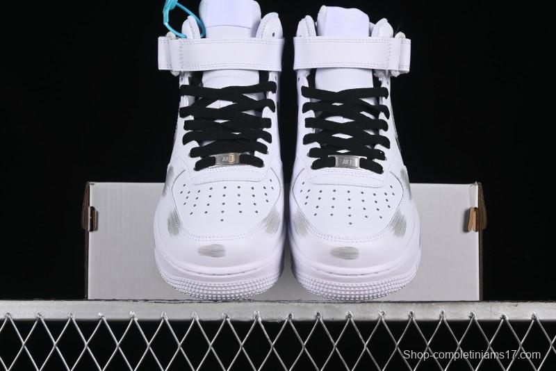 Nike Air Force 1 '07 Mid Casual Sneakers in White/Grey/Black with Hand-Painted Cracked Swoosh Shadow Detail - CW2289-111