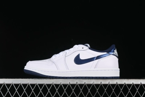 Nike Air Jordan 1 Low 85 Retro Sneakers in White with Metallic Blue Swoosh - FB9933-141