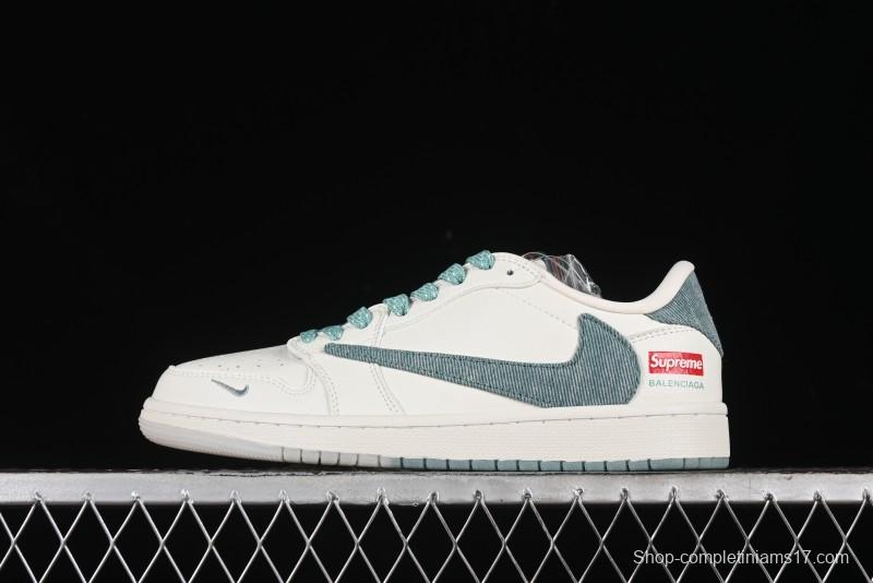 Nike Travis Scott x Fragment Design x Air Jordan 1 Low OG SP AJ1 Supreme Collaboration - Green Canvas Swoosh Low-Top Casual Sneakers - JH6088-706