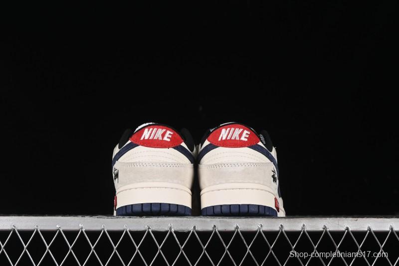 Nike SB Dunk Low Supreme x Stussy Triple Collaboration - Off White Navy Swoosh Anniversary Custom Low-Top Casual Sneakers - SJ2068-301