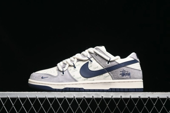 Nike SB Dunk Low Stussy Collaboration - Navy Blue Embroidery Swoosh Anniversary Custom Low-Top Casual Sneakers - SJ2068-296