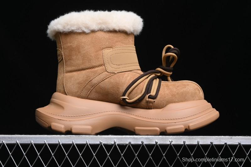 Ouder Retro Lace-Up Mid-Calf Warm & Thickened Platform Casual Snow Boots with Wool Lining - Oud024 Brown