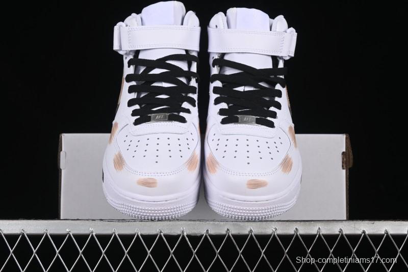 Nike Air Force 1 '07 Mid Hand-Painted White Black Brown with Swoosh Shadow Strap Mid-Top Casual Sneakers - CW2289-111