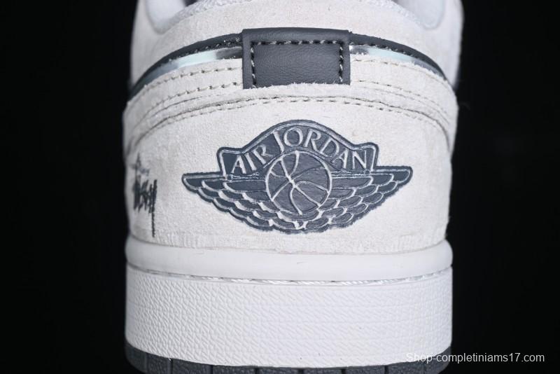 Nike Air Jordan 1 Low Stussy Collaboration - Grey Pigskin Black Base Retro Basketball Shoes - XX3318-968