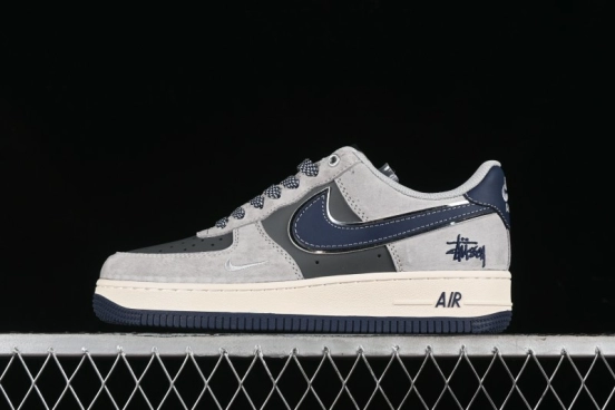 Nike Air Force 1 '07 Low Stussy Collaboration - Grey Pigskin Blue Sole Low-Top Casual Sneakers - SJ6698-005