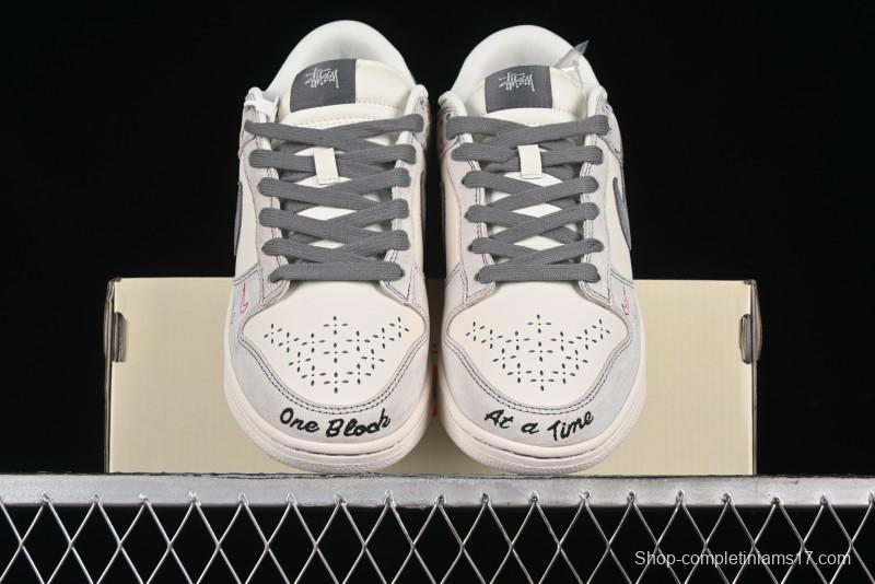 Nike SB Dunk Low Stussy Collaboration - Embroidered Grey Swoosh Anniversary Custom Low-Top Casual Sneakers - MM1089-033
