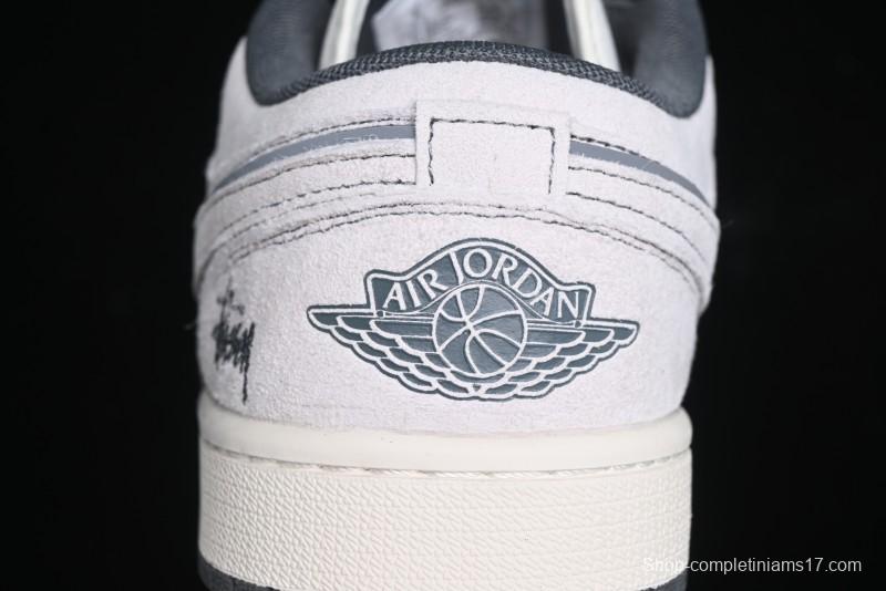 Nike Air Jordan 1 Low AJ1 Stussy Collaboration - Premium Customized Pigskin Grey Line Retro Basketball Shoes - DM9188-005