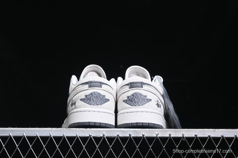 Nike Air Jordan 1 Low Stussy Collaboration - Grey Pigskin Black Base Retro Basketball Shoes - XX3318-968