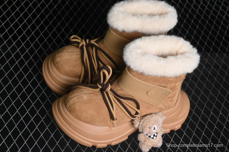 Ouder Retro Lace-Up Mid-Calf Warm & Thickened Platform Casual Snow Boots with Wool Lining - Oud024 Brown