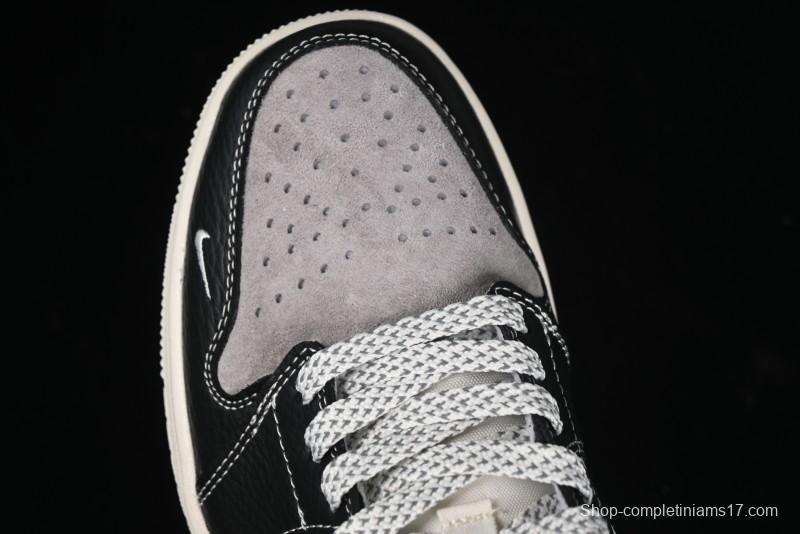 Nike Air Jordan 1 Low Supreme Collaboration - Black Grey Pigskin Two-Tone High-End Custom Retro Basketball Shoes - SJ9950-032