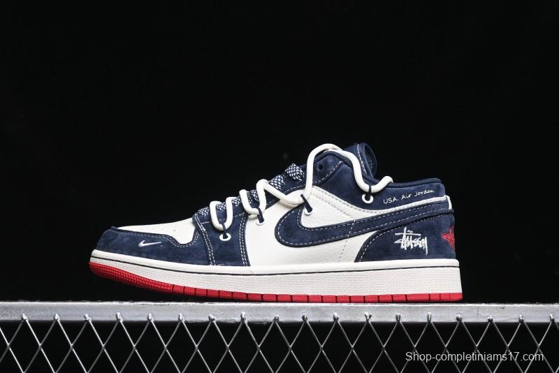 Nike Air Jordan 1 Low Stussy Collaboration - Blue Red Custom High-End Retro Basketball Shoes - SJ9950-049
