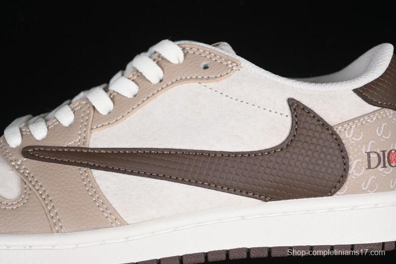 Nike Travis Scott x Fragment Design x Air Jordan 1 Low OG SP AJ1 Snake Year Limited Brown Snake Print Low Top Casual Sneakers - DM7866-074