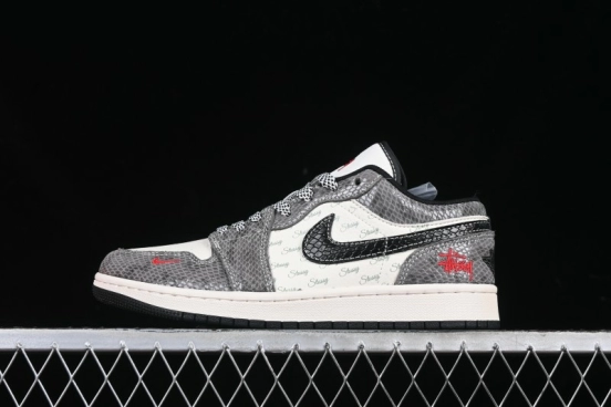 Nike Air Jordan 1 Low Retro Basketball Shoes with Custom Stussy Grey Snake Design - FC1688-202