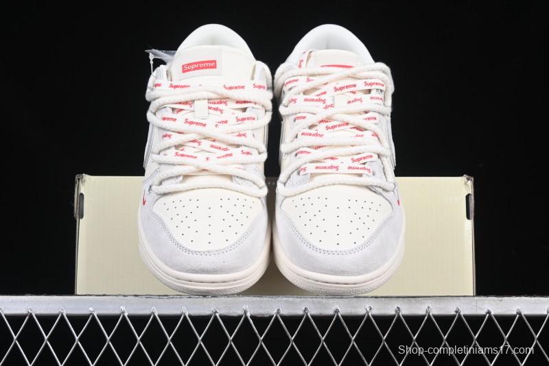 Nike SB Dunk Low Supreme Collaboration Light Gray Drawstring Anniversary High-End Custom Low-Top Casual Skate Shoes - XX3168-109