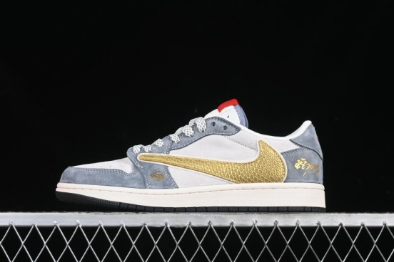 Nike Travis Scott x Fragment Design x Air Jordan 1 Low OG SP AJ1 Snake Year Limited Gold Snake Low-top Casual Sneakers - XZ2025-288