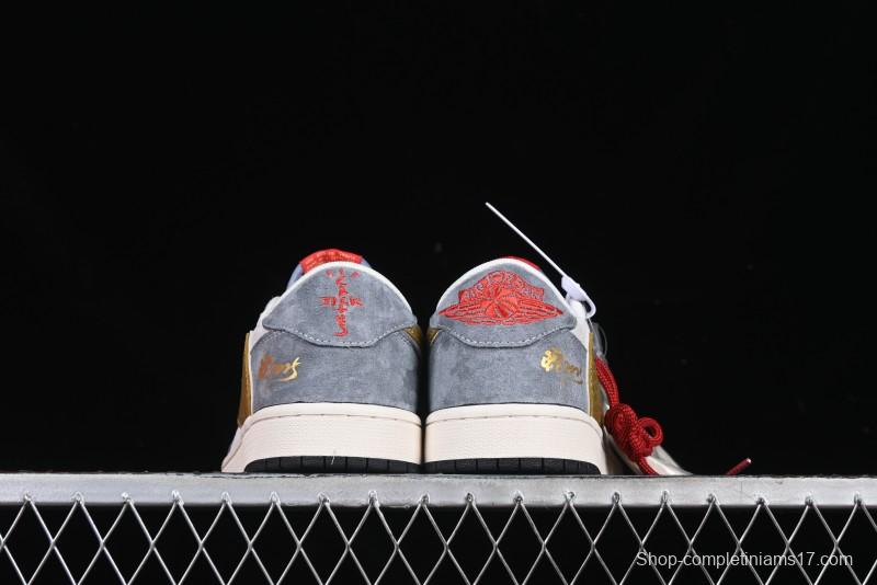 Nike Travis Scott x Fragment Design x Air Jordan 1 Low OG SP AJ1 Snake Year Limited Gold Snake Low-top Casual Sneakers - XZ2025-288