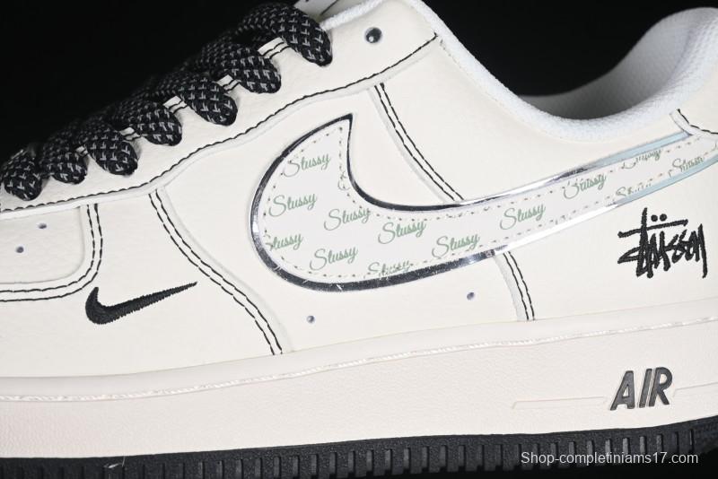 Nike Air Force 1 '07 Low Stussy Collaboration Beige Black Floral Swoosh Casual Sneakers - HH7518-040