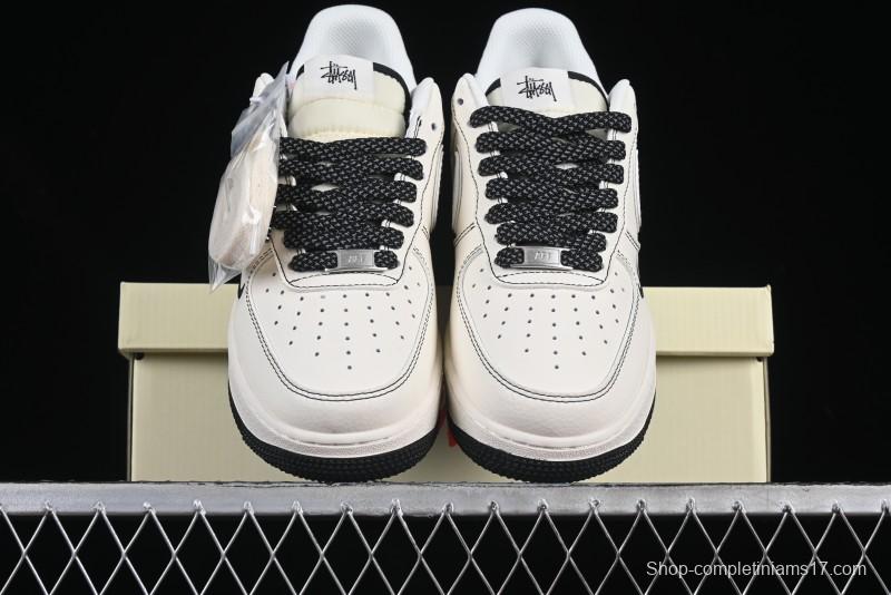 Nike Air Force 1 '07 Low Stussy Collaboration Beige Black Floral Swoosh Casual Sneakers - HH7518-040