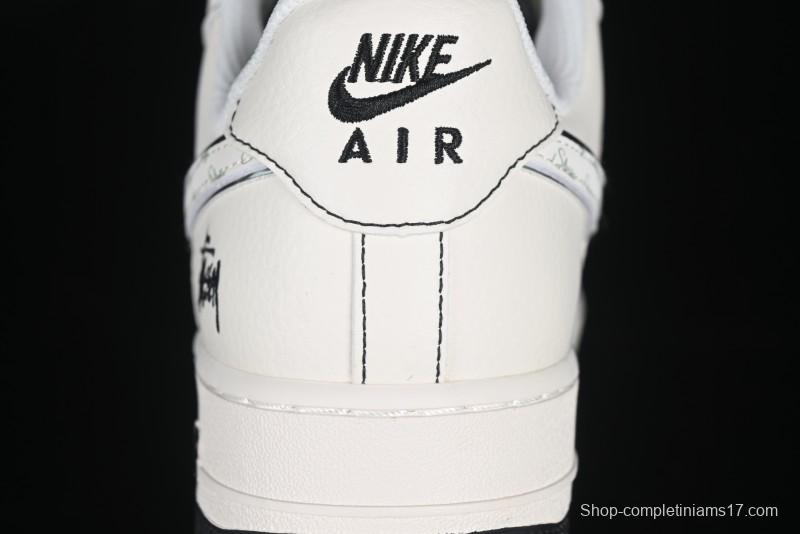 Nike Air Force 1 '07 Low Stussy Collaboration Beige Black Floral Swoosh Casual Sneakers - HH7518-040