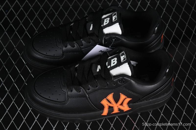 NY Yankees Black Leather Sneakers with Bold Orange Logo