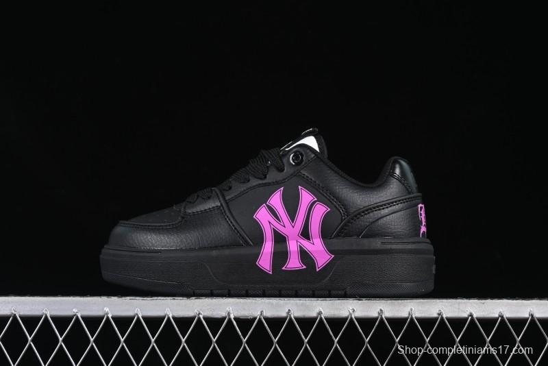 NY Yankees Black Leather Sneakers with Bold Pink Logo
