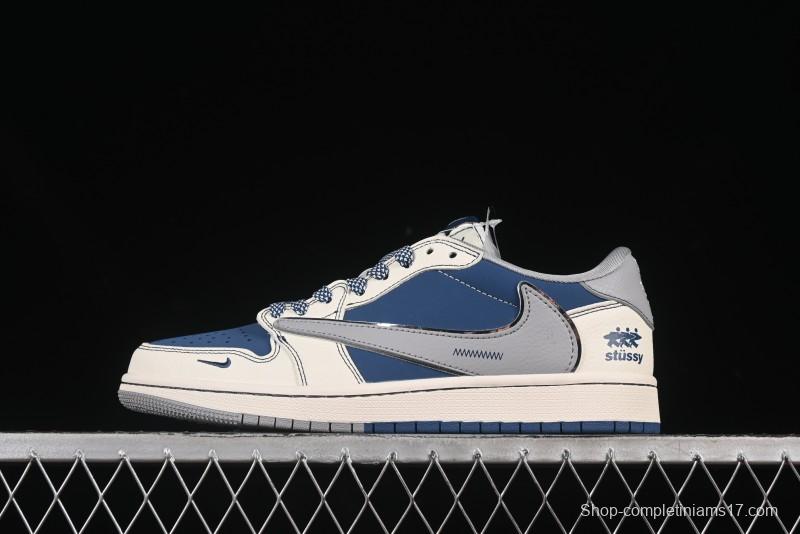 Nike Travis Scott x Fragment Design x Air Jordan 1 Low OG SP AJ1 Stussy Collaboration Dual-Tone Grey Hook Low-Top Casual Sneakers - ZH2598-245