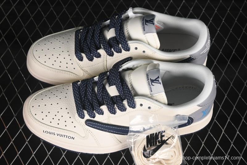 Nike Travis Scott x Fragment Design x Air Jordan 1 Low OG SP Sneakers with Splatter Blue Swoosh - ZH2598-242