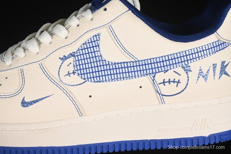 Nike Air Force 1'07 Low Casual Sneakers with Blue Line Ghost Face Design - DF0188-053