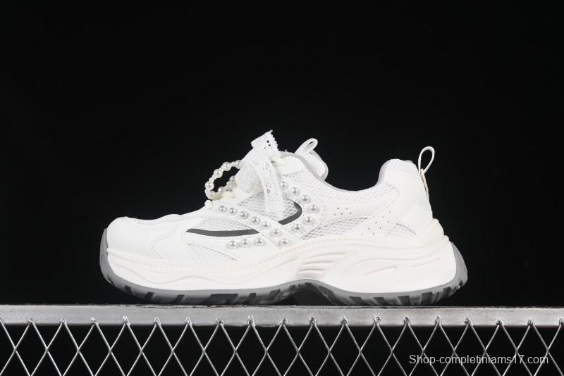 GG-CC Lace Pearl Chain Casual Platform Dad Shoes - 250310 White