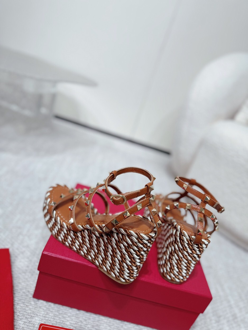 2025 Women Valentino Brown Leather Wedge Sandals Braided Cotton LY00290