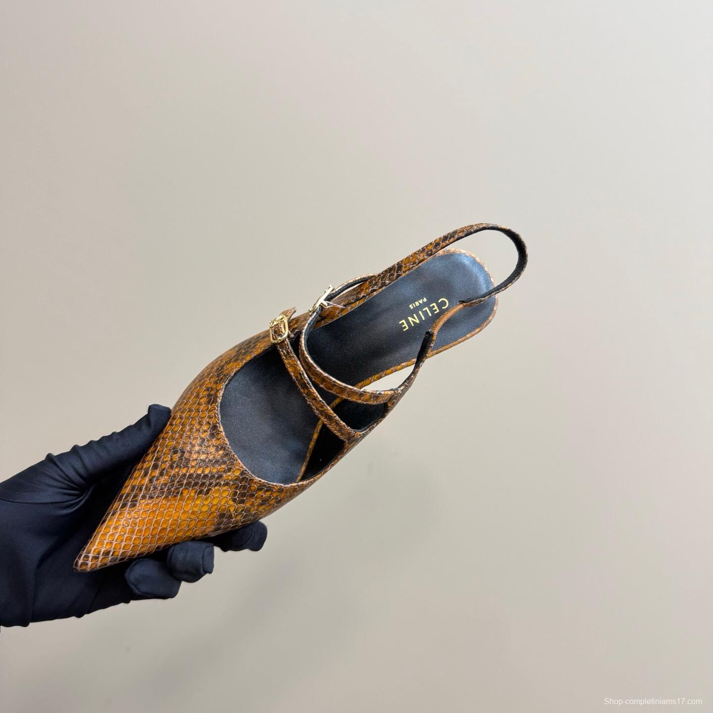 2025 Women CELINE Brown Snake Leather Slingback Pumps